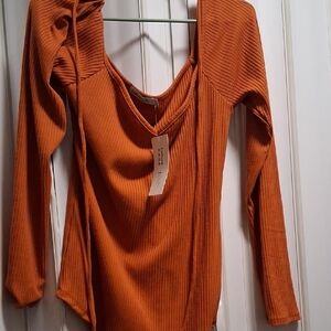 Orange Ribbed Asymmetrical Long Sleeve Bodysuit
